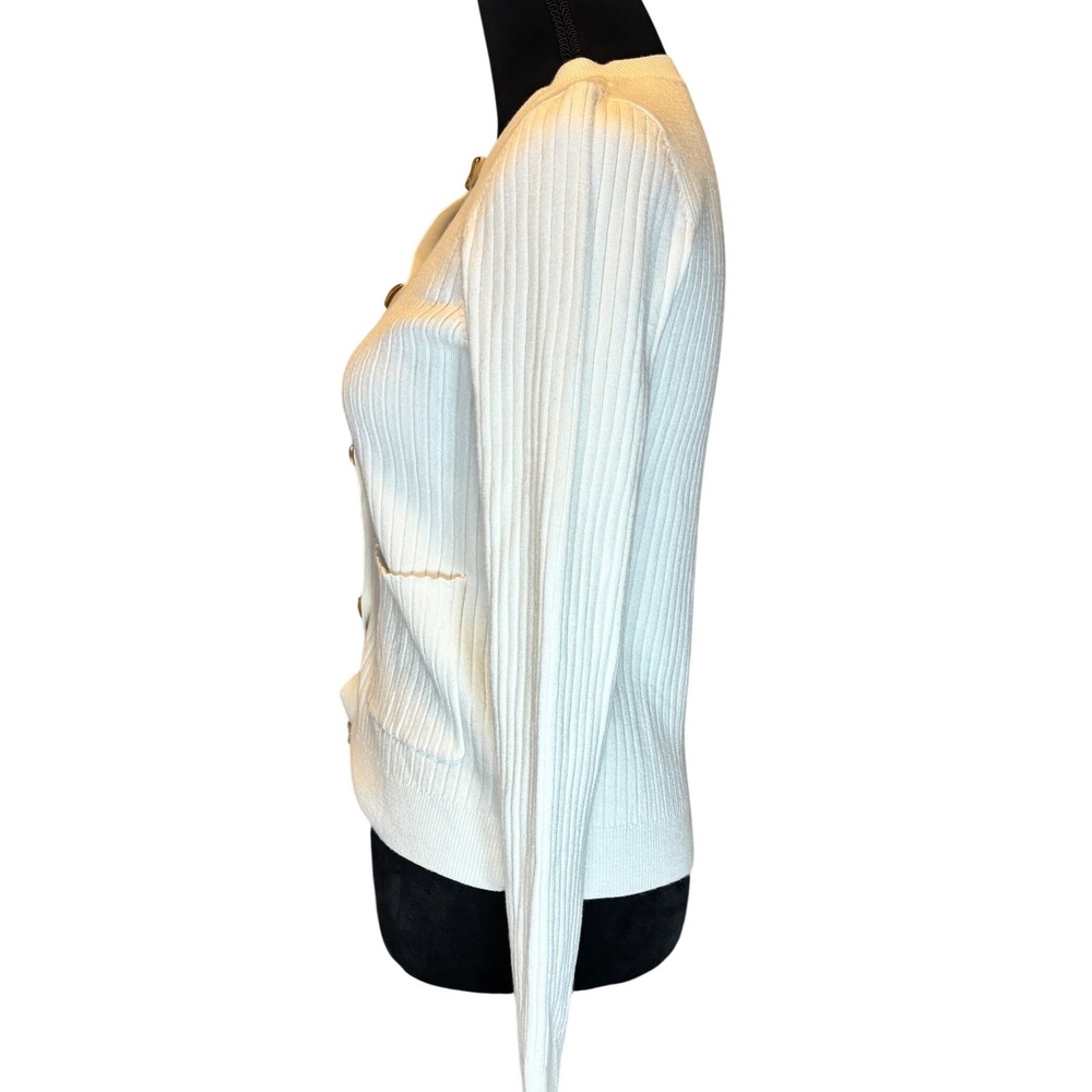 Commense Cardigan Med Off White Ribbed Knit Gold Button Front Crew Neck Sweater - Picture 3 of 7